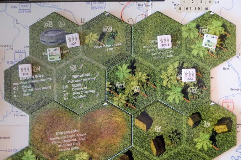 Un momento avanzado en una batalla: mis unidades han cercado a un enemigo a la derecha y atacan un búnker a la izquierda