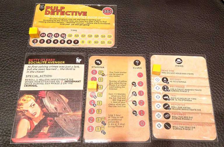 Zona del investigador, con su carta de personaje y el inventario de tiempo, vida e ítems.