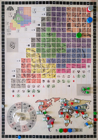 Tablero de historia, con su matriz central, el marcador de turnos y el mapa, rodeados del track de puntuación.